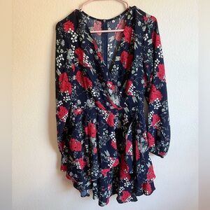 Cosonsen Deep V Ruffle Mini Dress Tie Waist